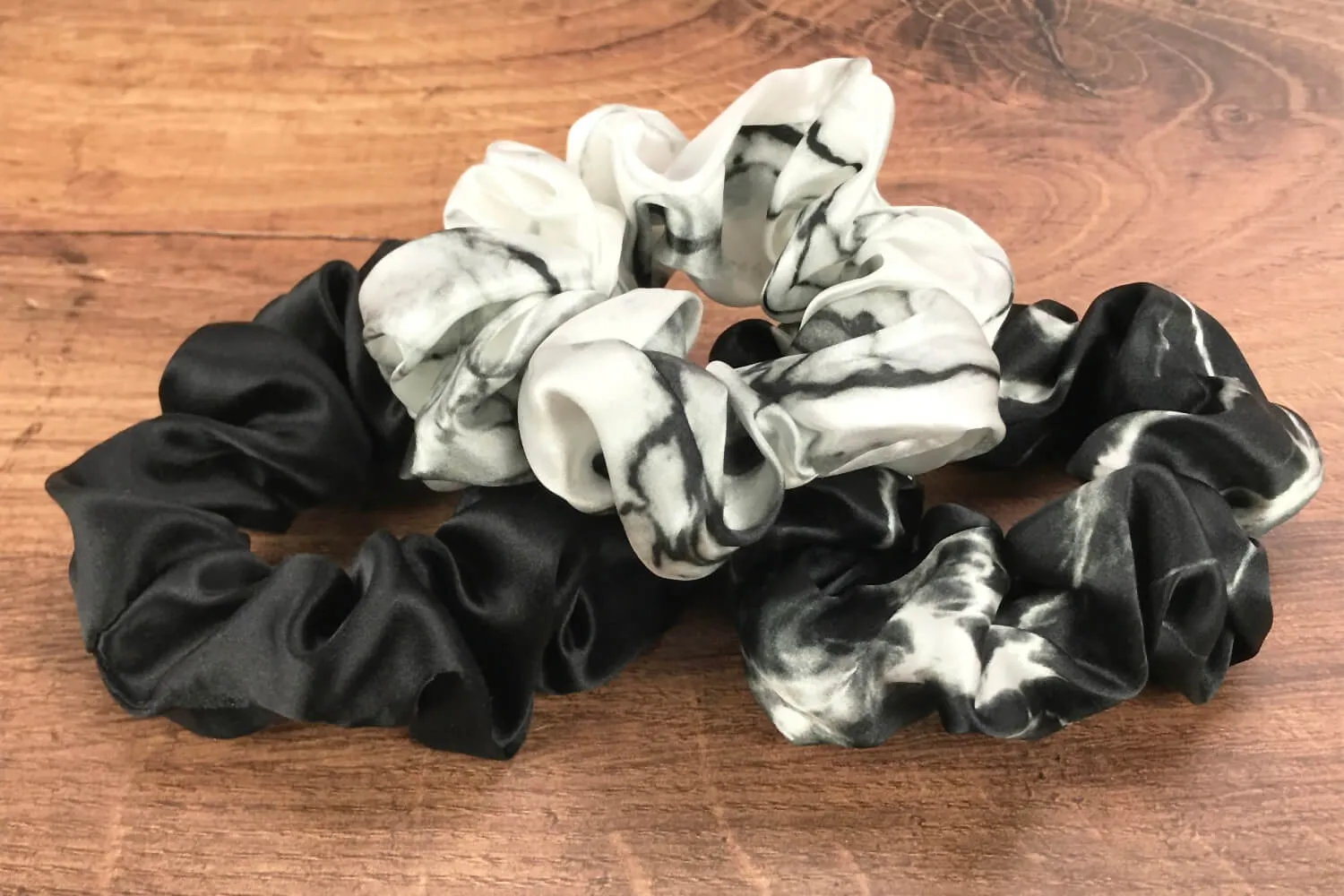 Silk Hair Ties - Black White Marble and Black Marble (Large)