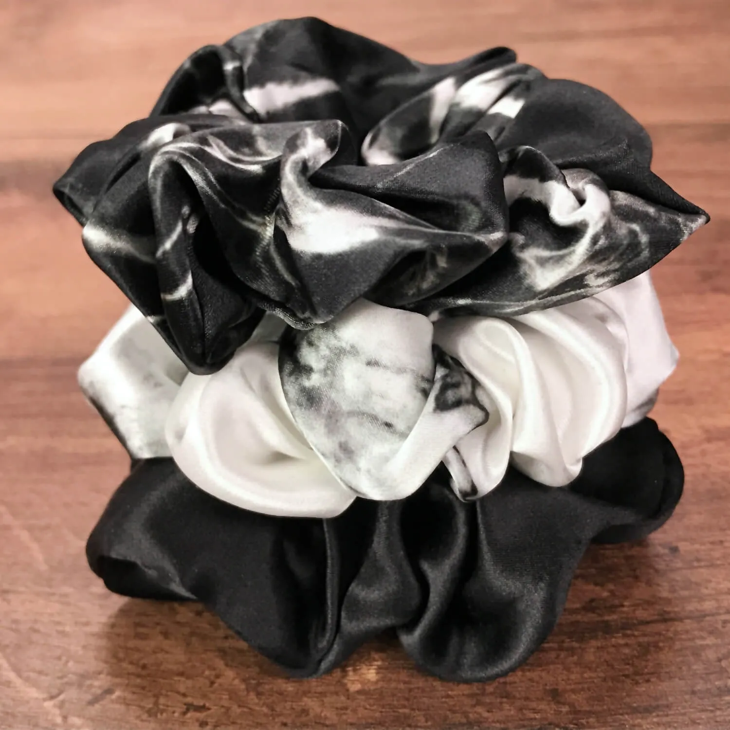 Silk Hair Ties - Black White Marble and Black Marble (Large)