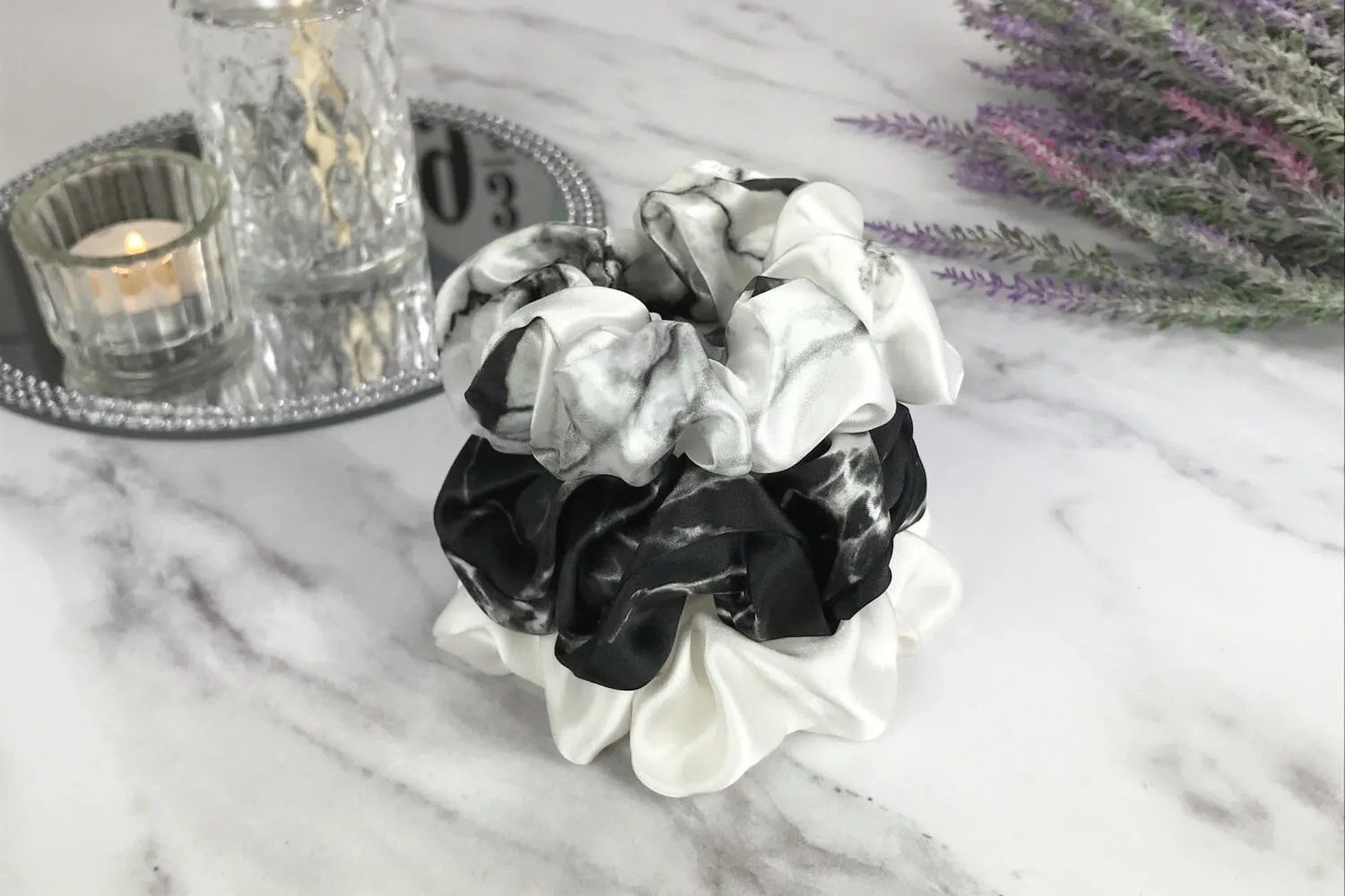 Silk Hair Ties - Ivory White Marble and Black Marble (Large)