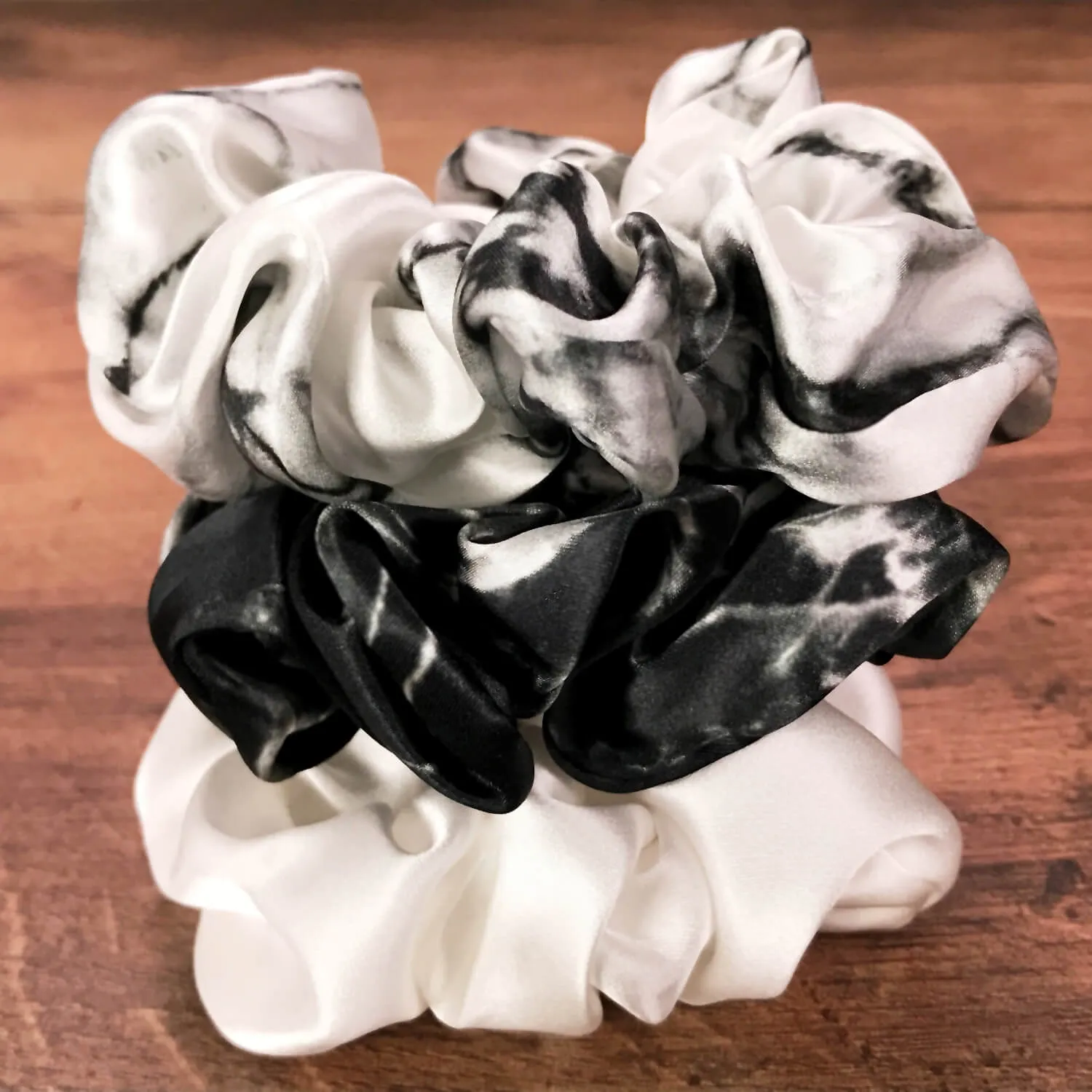 Silk Hair Ties - Ivory White Marble and Black Marble (Large)