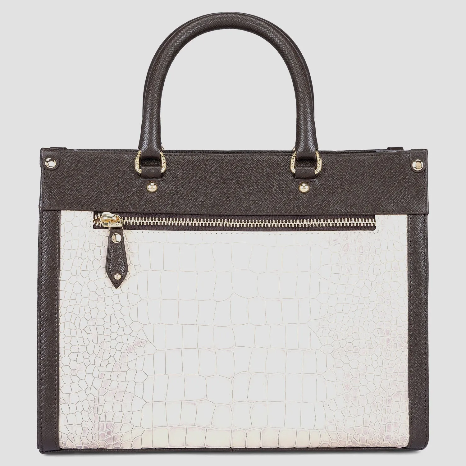 Small Croco Franzy Leather Book Tote - Off White