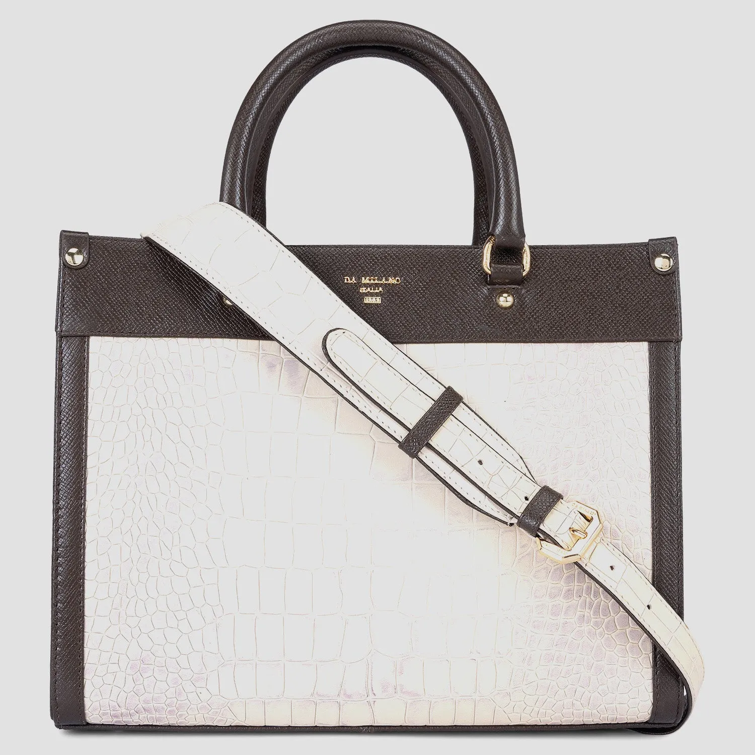 Small Croco Franzy Leather Book Tote - Off White