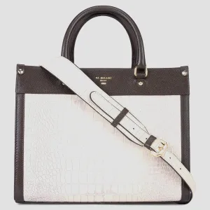 Small Croco Franzy Leather Book Tote - Off White