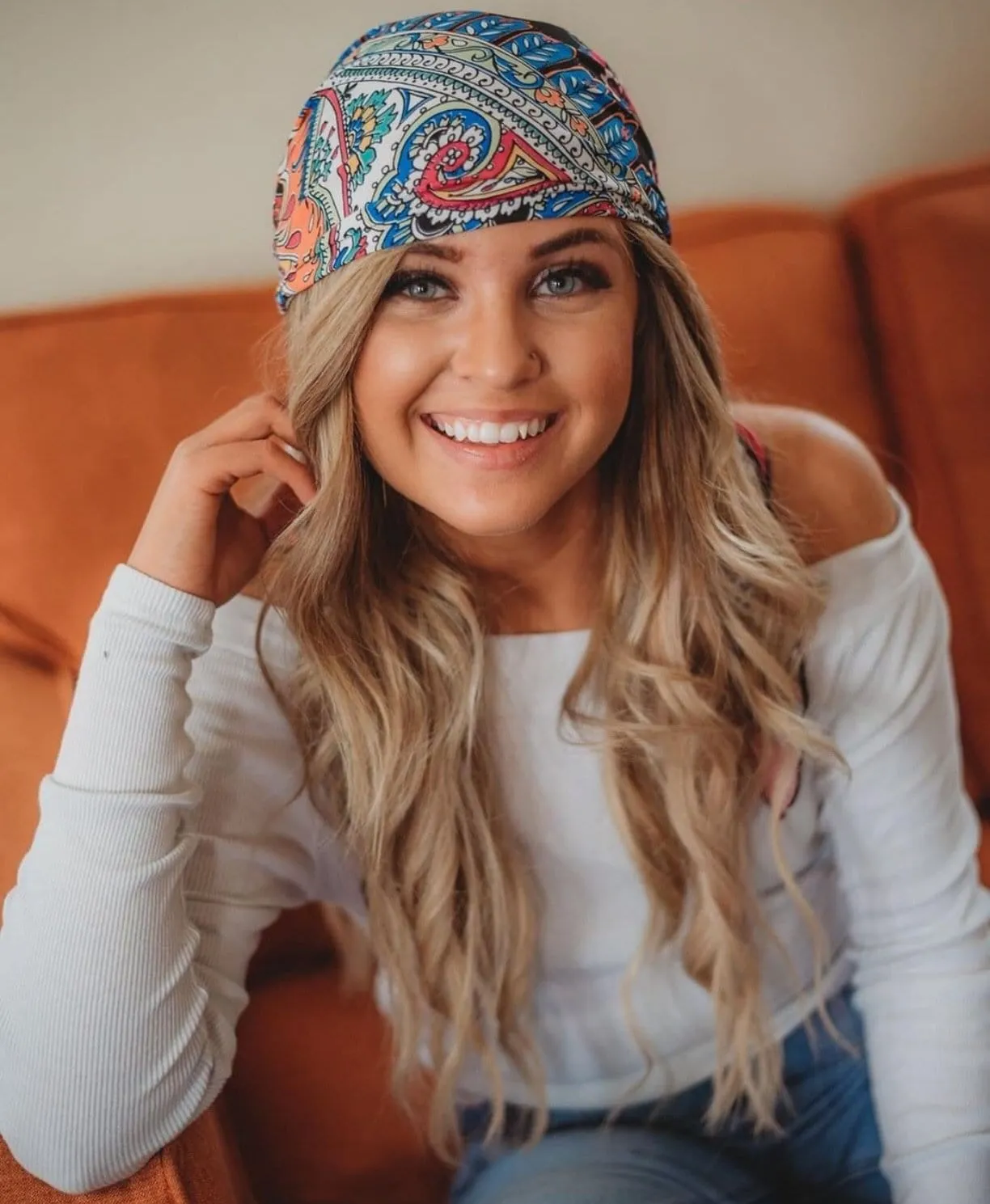 Tie Back Hat For Hair Protection From The Sun Orange Multi Color Slip On Head Scarf