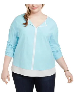 Tommy Hilfiger Women's Plus Knit Contrast Trim Top Blue Size 2X | Blue