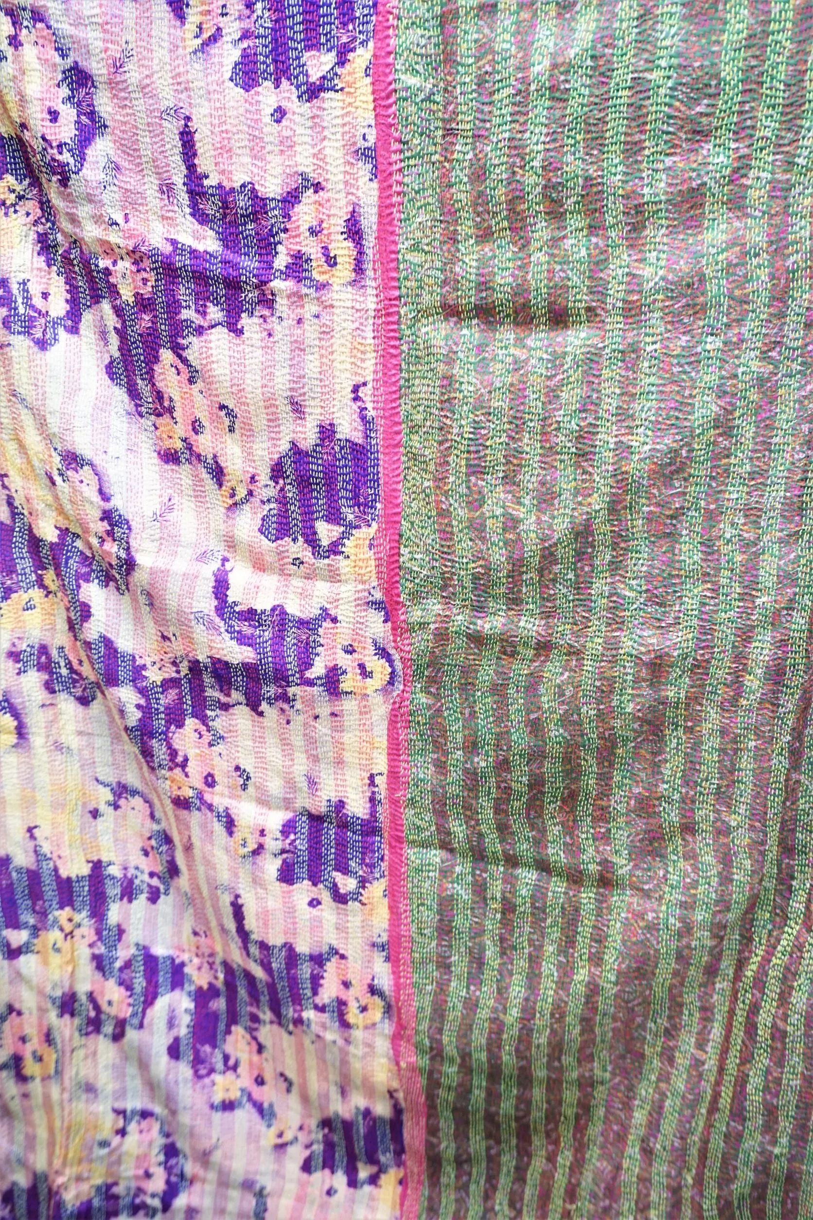 Vibrant Vintage Indian Kantha Sari Work Organic 100% Silk Throw Reversible