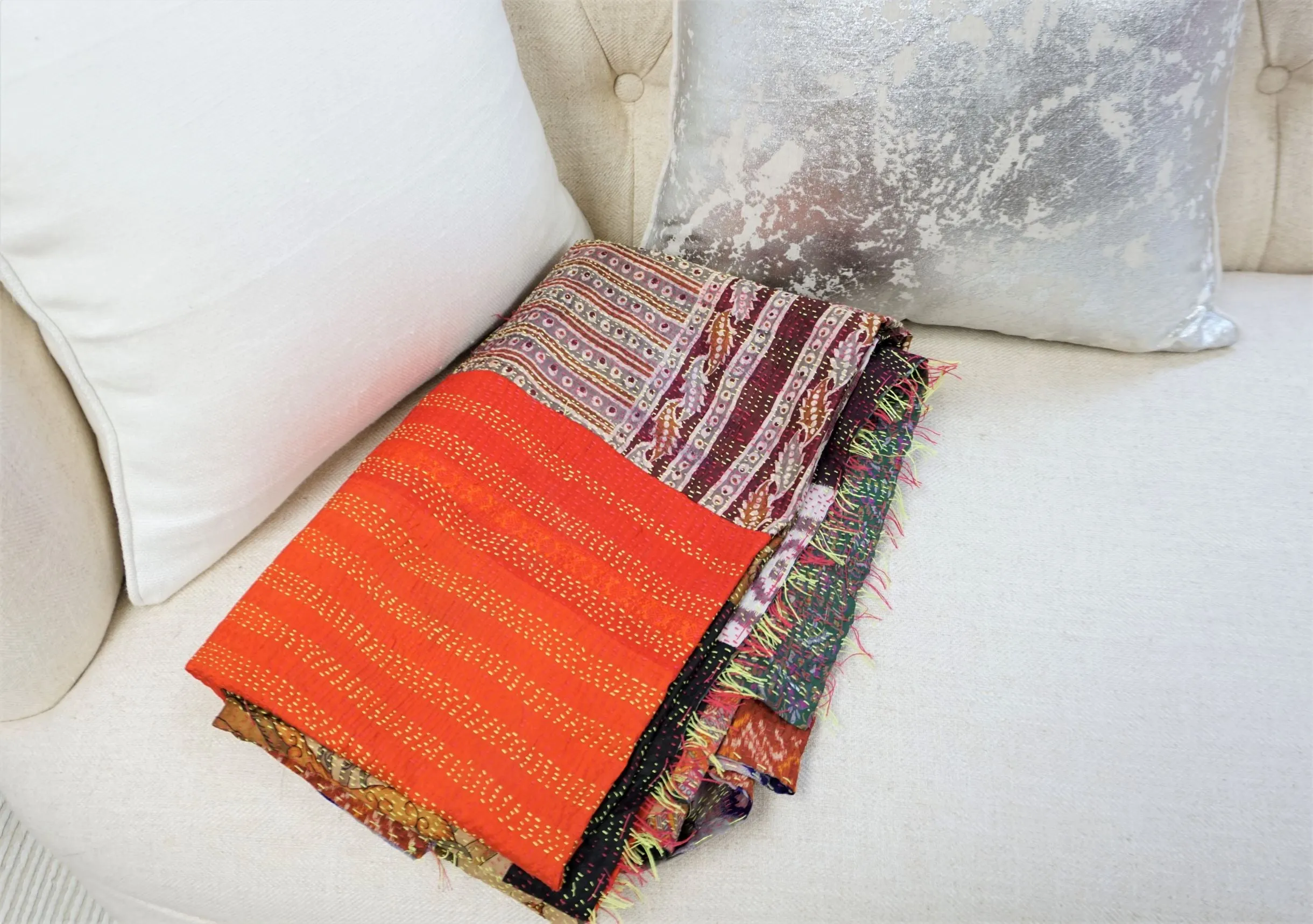 Vibrant Vintage Indian Kantha Sari Work Organic 100% Silk Throw Reversible