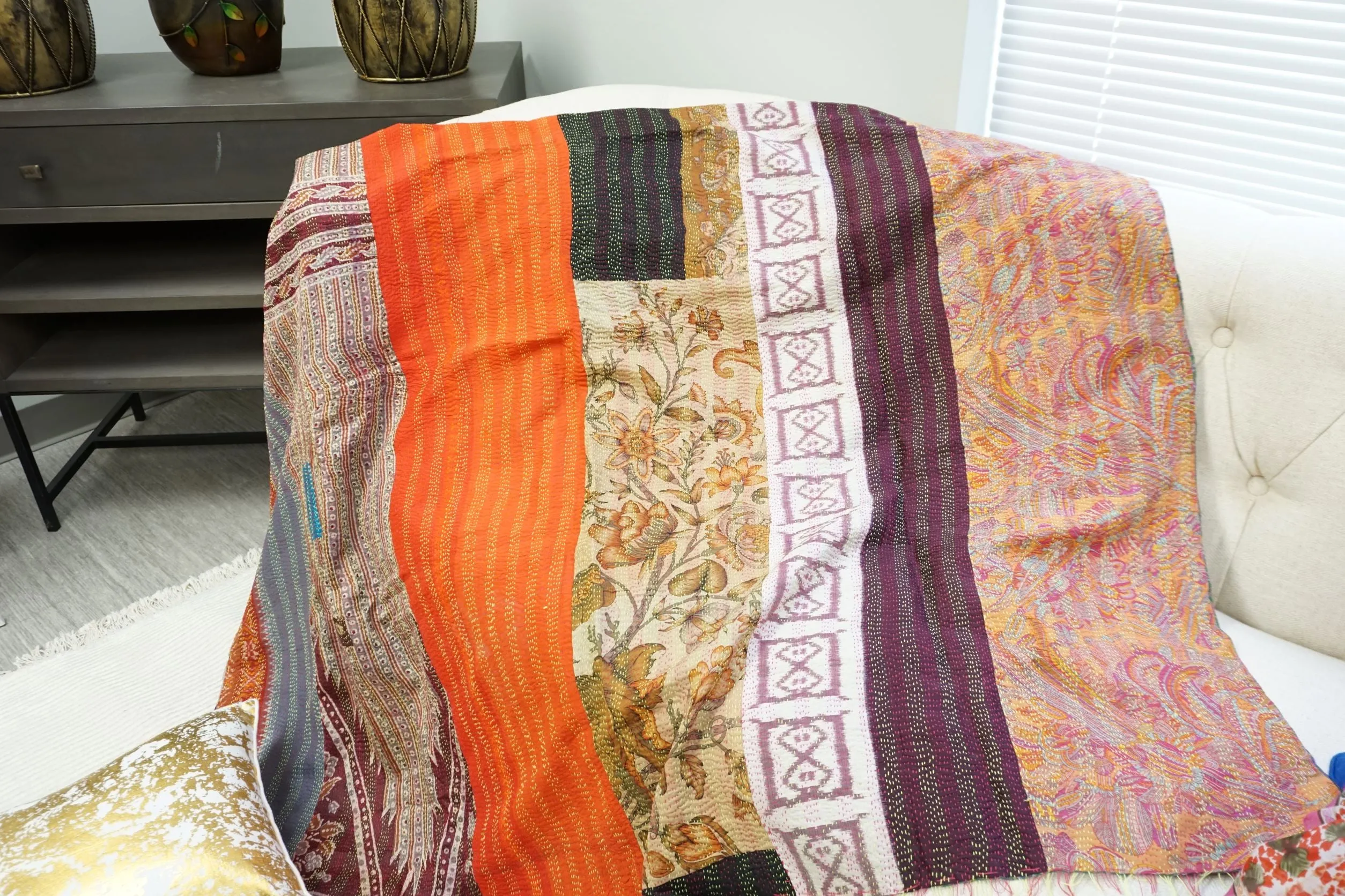 Vibrant Vintage Indian Kantha Sari Work Organic 100% Silk Throw Reversible