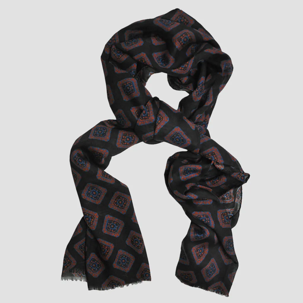 Wool Silk Medallion Scarf in Brown, Blue & Red