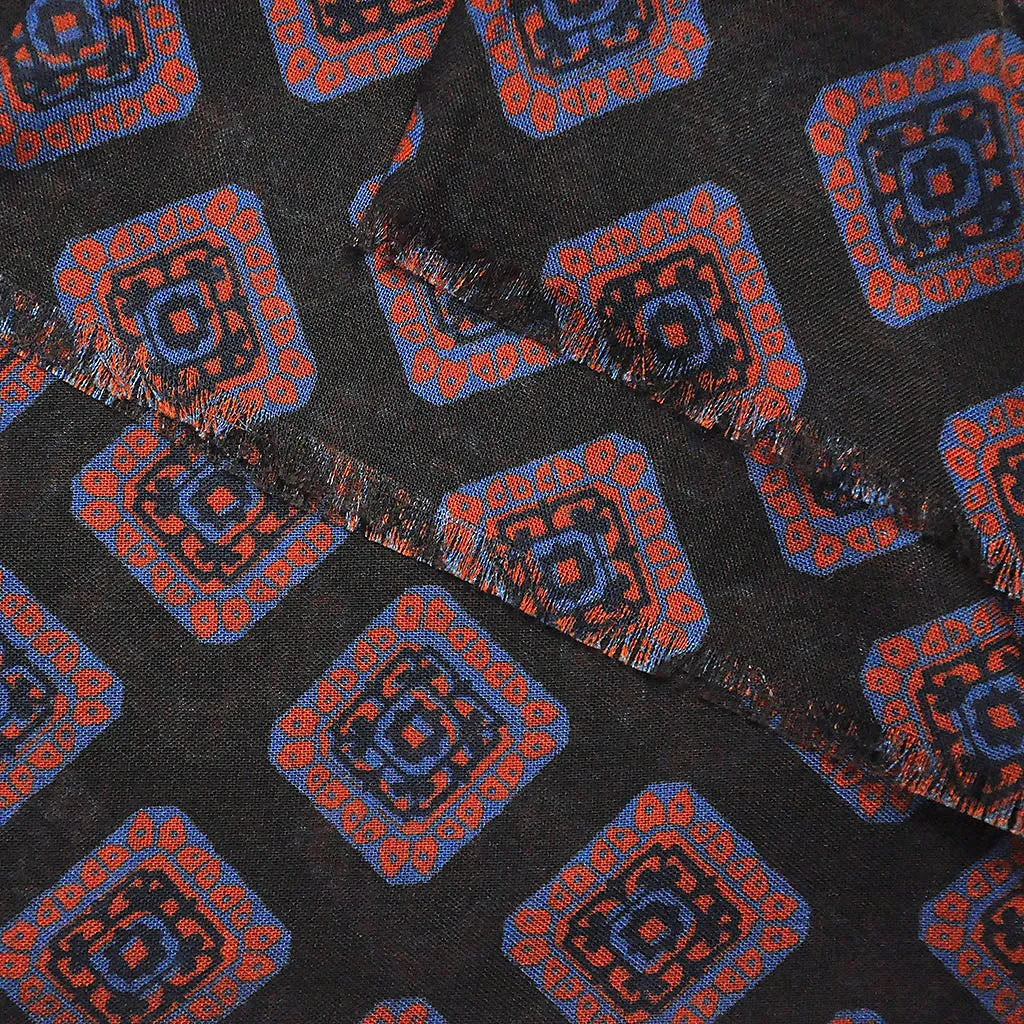 Wool Silk Medallion Scarf in Brown, Blue & Red