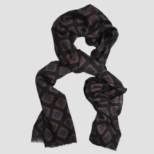 Wool Silk Medallion Scarf in Brown, Blue & Red